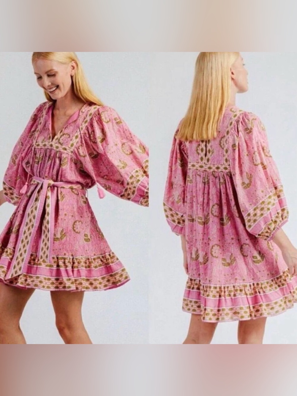 Cleobella Magdalena Mini Dress Wildflower Prism Pink Size XS Block Print Cotton